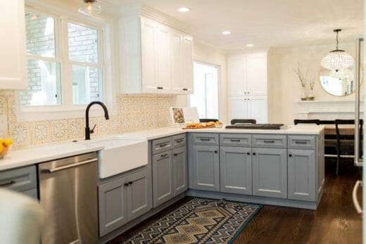 Charleene's-Houses-MD-baltimore-towson-kitchen-renovation-dark-blue-island-white-kitchen-cabinets-brass-cabinet-hardware-cafe-farm-house-sink-sliding-barn-door-pantry-grey-blue-cabinets