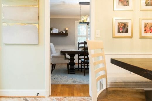 Charleene's-Houses-MD-baltimore-towson-kitchen-renovation-white-cabinets-polished-nickel-cabinet-hardware-dining-room-renovation-brick-herringbone-floor-tile