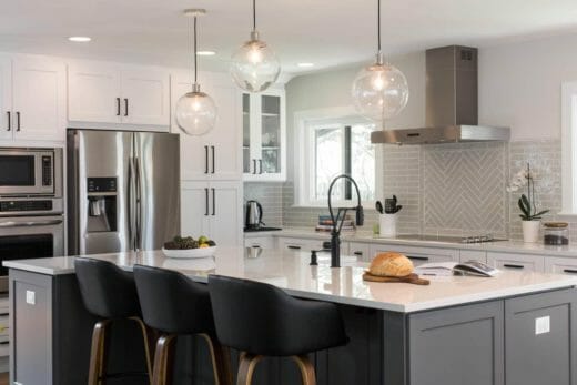 Charleene's-Houses-MD-baltimore-towson-kitchen-renovation-white-cabinets-polished-nickel-cabinet-hardware-dining-room-renovation-brick-herringbone-floor-tile-black-faucet-farm-house-sink