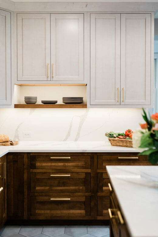 Charleene's-Houses-MD-kitchen-renovation-wood-base-cabinets-grey-upper-cabinets-brass-hardware