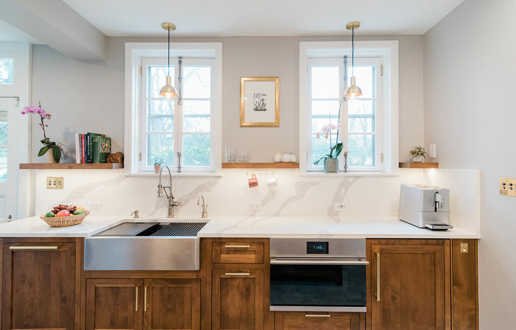 Kitchen with stainless steel farmhouse sink
