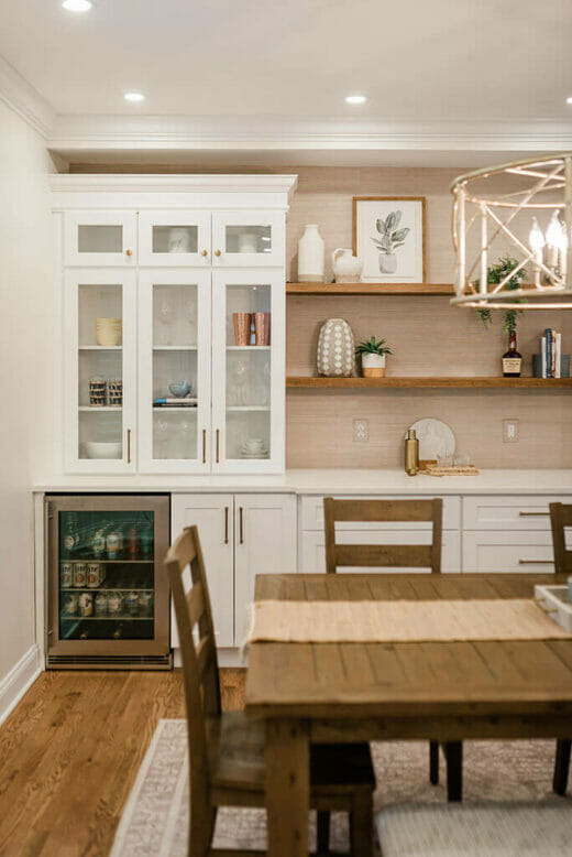kitchen-remodel-dining-buffet-wine-fridge-oak-floating-shelves