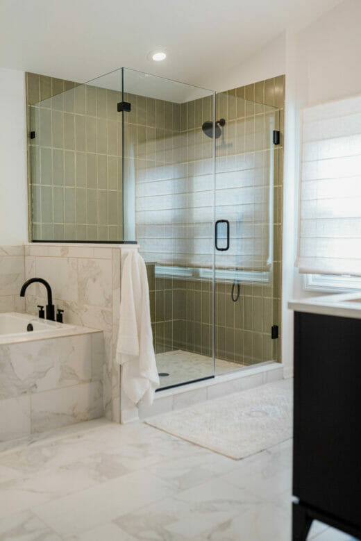 Master-Bath-Remodel-Walk-in- Shower-Glass-Doors-Green-Tile-Marble-Floor-Tile-Tub