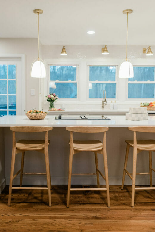 Kitchen-remodel-Polished-Nickel- Fixtures-Brass-Sconces-Brass-Cabinet-Hardware-Island-Marble- Countertop