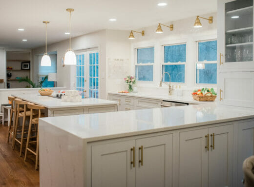 Kitchen-Polished-Nickel-Fixtures-Brass-Sconces-Brass-Cabinet- Hardware-White-Cabinets-Marble-Countertop