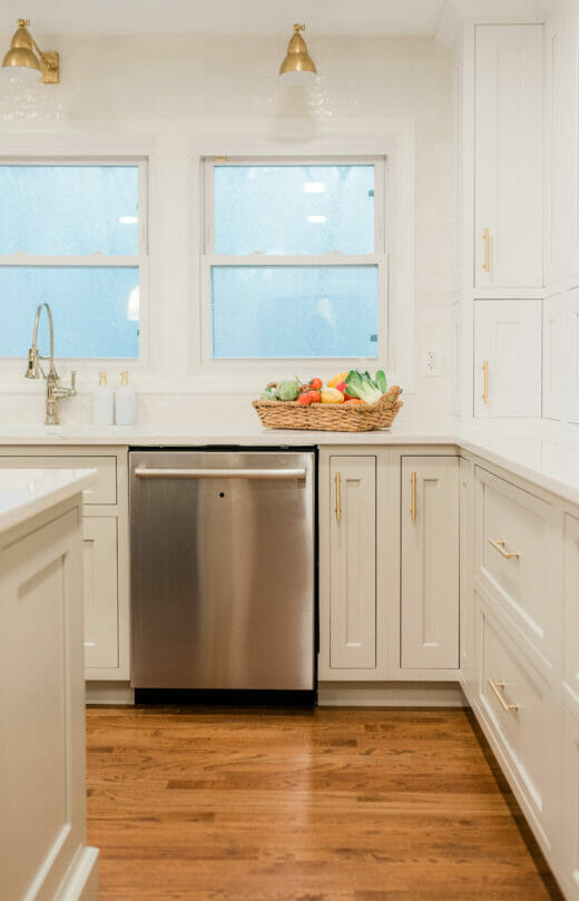 Kitchen-renovation-Polished- Nickel-Fixtures-Brass-Sconces-Brass-Cabinet-Hardware
