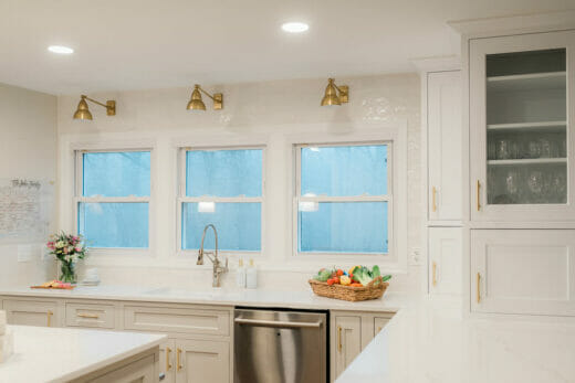 Kitchen-renovation-Polished- Nickel-Fixtures-Brass Sconces-Brass-Cabinet-Hardware