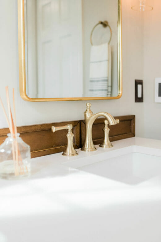 Hall-Bathroom-Renovation-Oak- Vanity-Satin-Brass-Hardware-Brass-Medicine-Cabinets