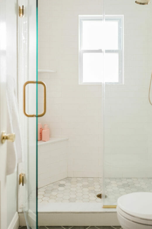 Hall-Bathroom-Renovation-Hexagon-Floor-Tile-Brass- Hardware-Glass-Shower-Doors