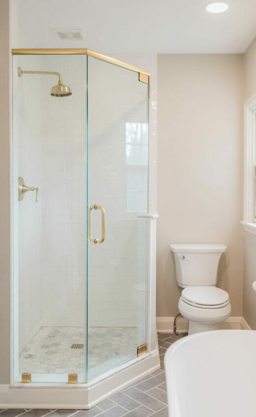 Master-Bath-Renovation-Walk-In- Shower-Glass-Doors-Brass- Hardware