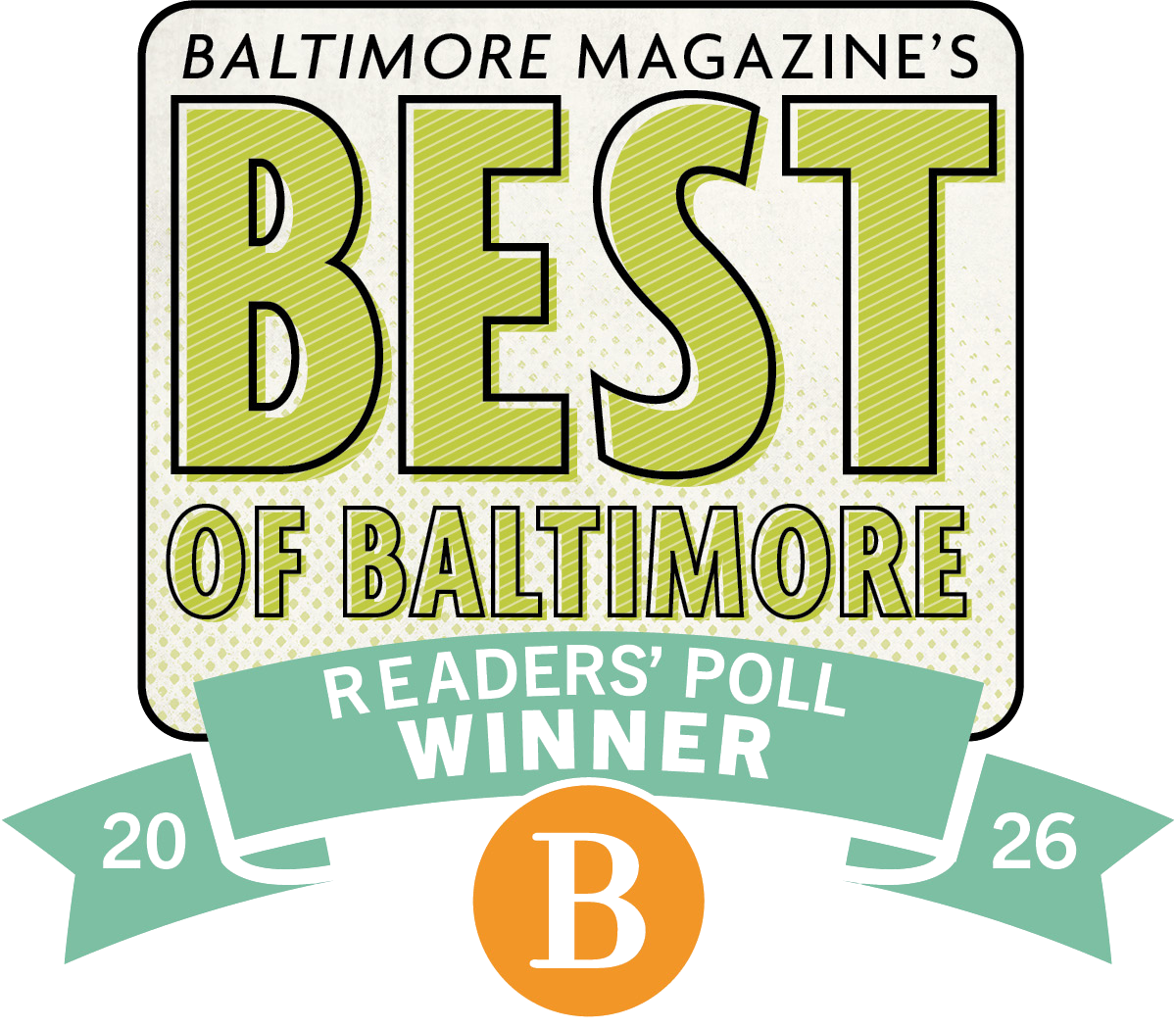 Best of Baltimore 2026 Readers’ Poll winner badge with lime letters and orange B emblem, on a rounded white background.